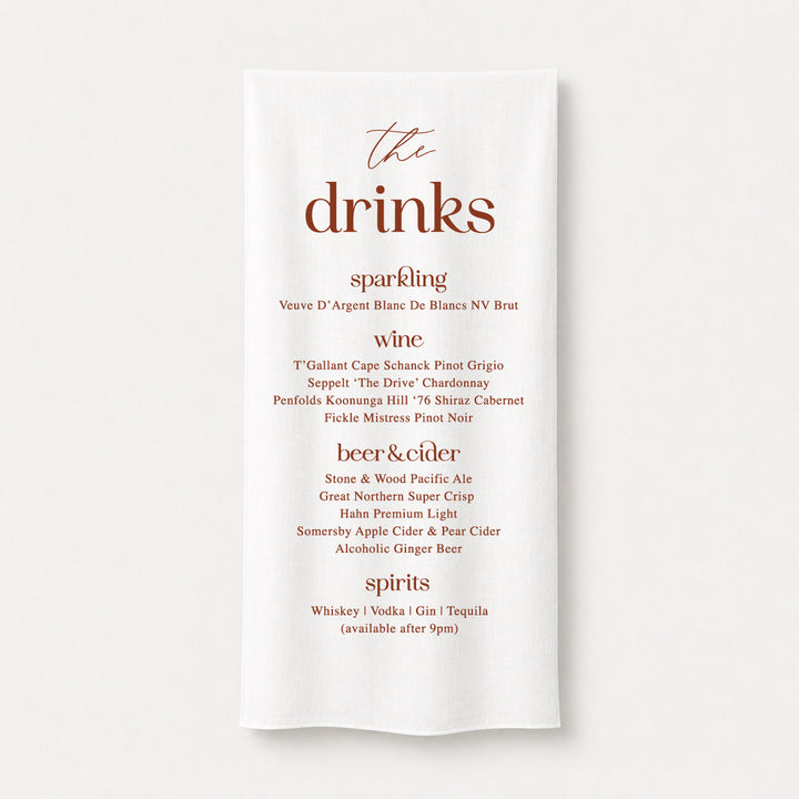 Linen wedding bar sign printed in Australia featuring modern block fonts for a true impact at the bar