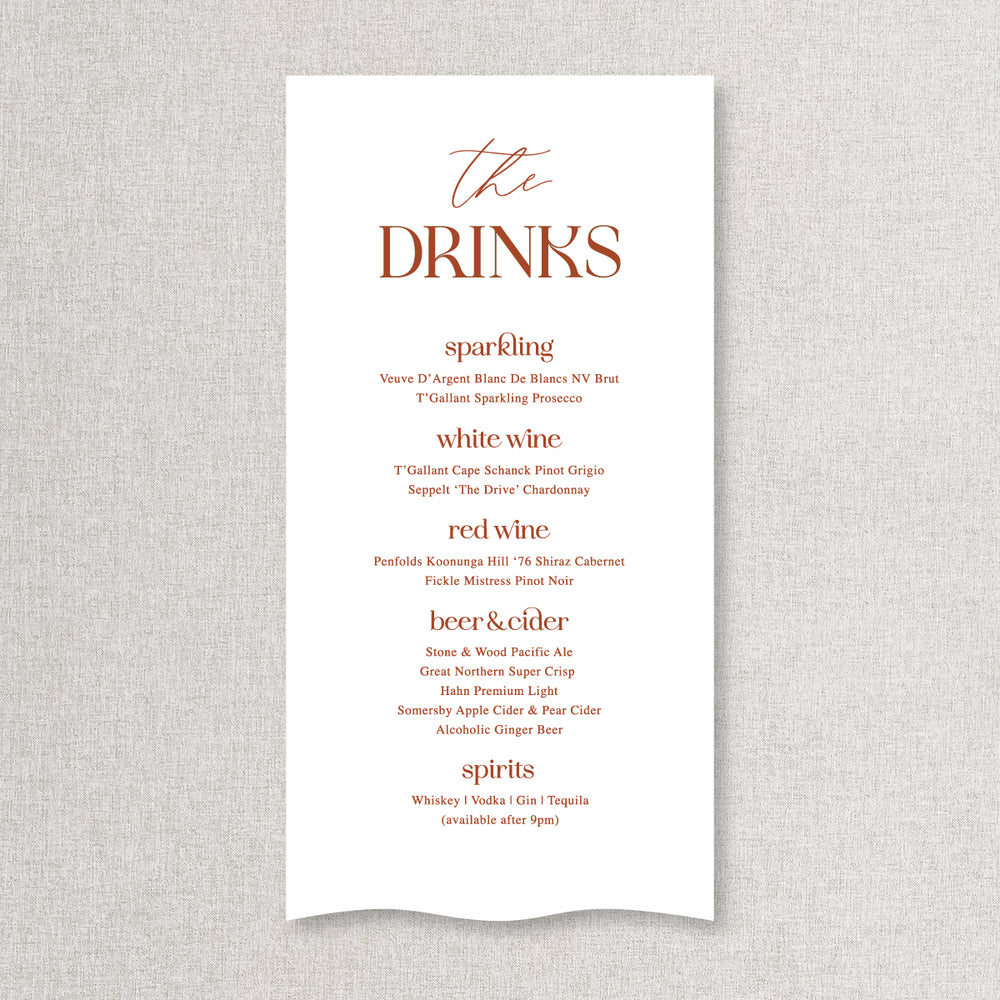 Modern wedding bar and beverages sign printed on linen or satin fabric in Australia