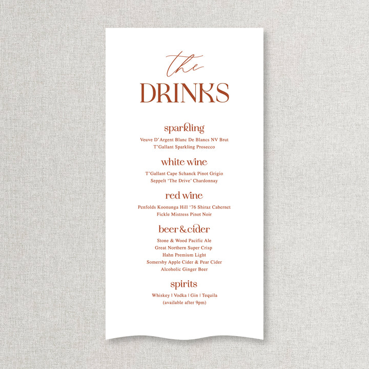 Modern wedding bar and beverages sign printed on linen or satin fabric in Australia