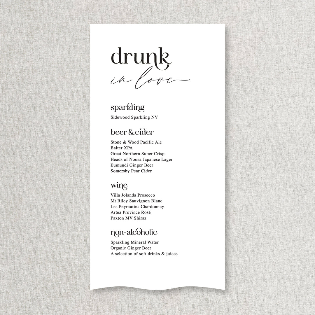 Modern wedding bar and beverages sign printed on linen or satin fabric in Australia