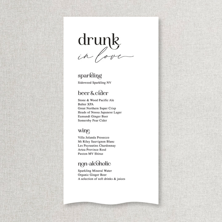 Modern wedding bar and beverages sign printed on linen or satin fabric in Australia