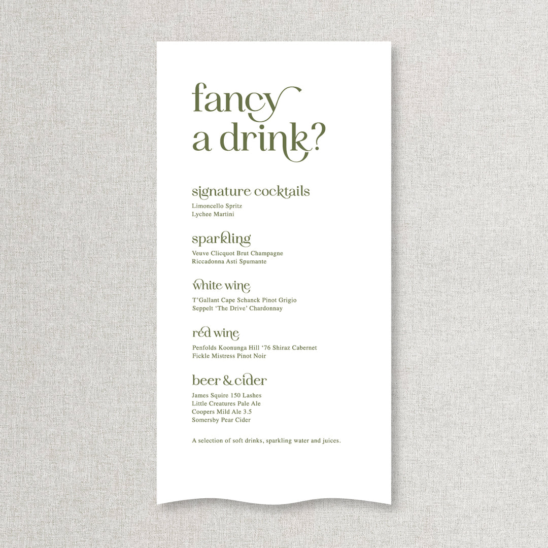 Modern wedding bar and beverages sign printed on linen or satin fabric in Australia