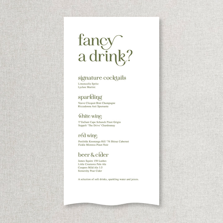 Modern wedding bar and beverages sign printed on linen or satin fabric in Australia