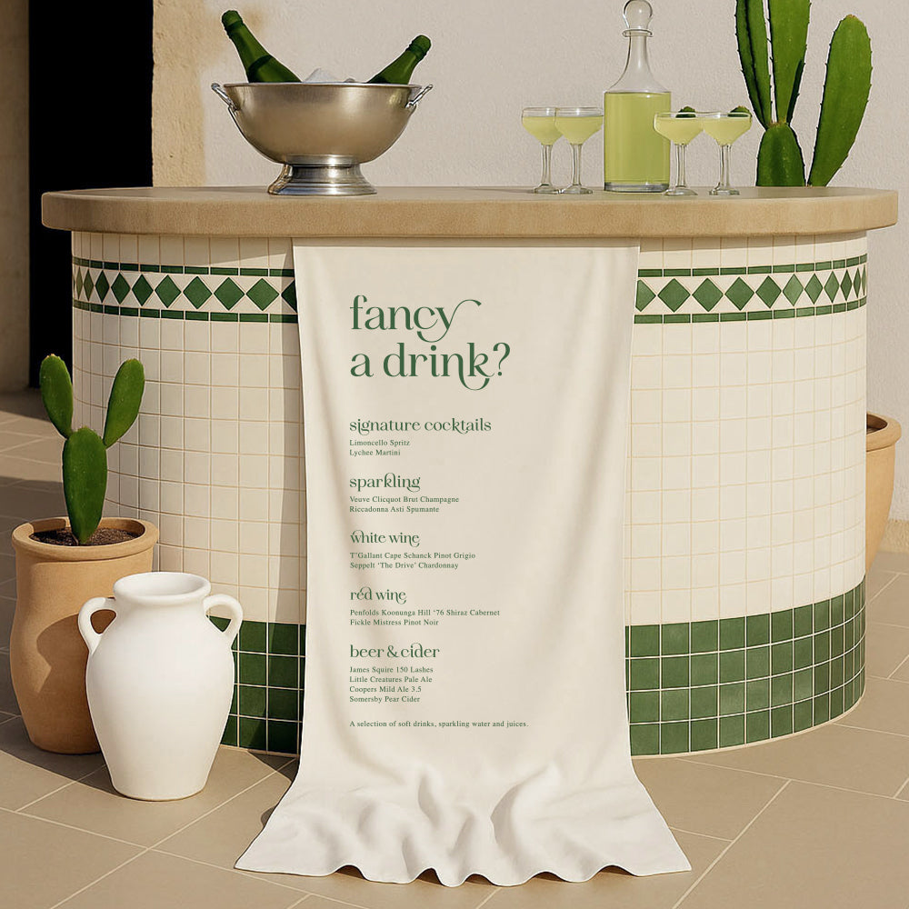 Modern wedding bar and beverages sign printed on linen or satin fabric in Australia