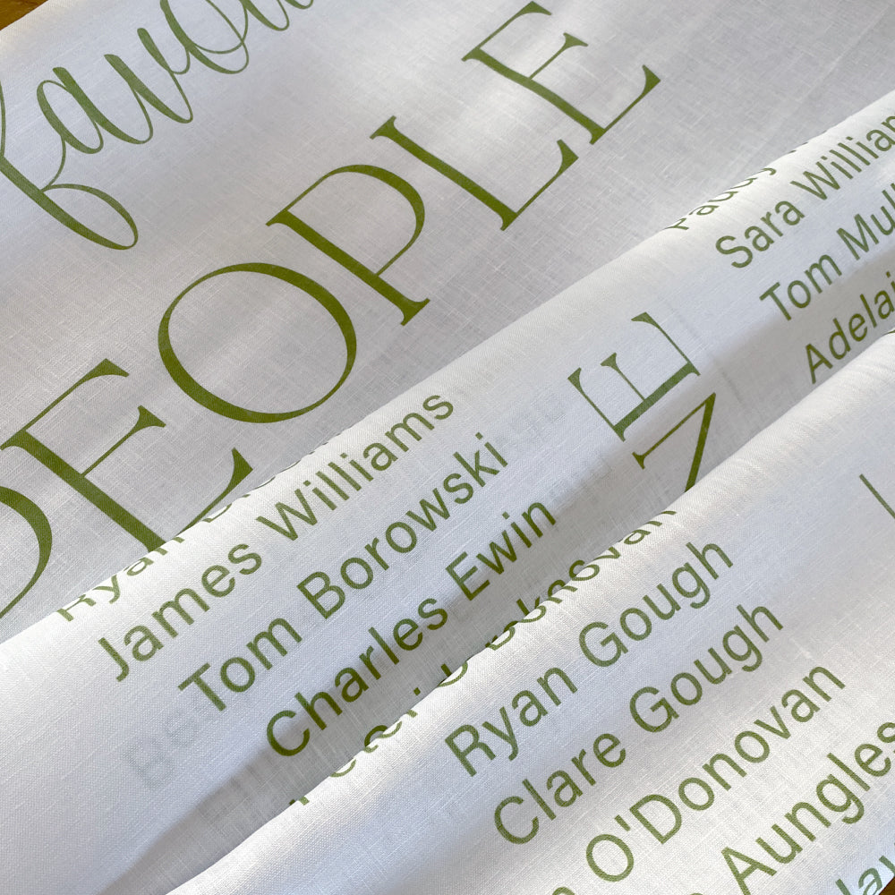 Wedding seating chart close up photo printed on linen fabric in Australia with green text.