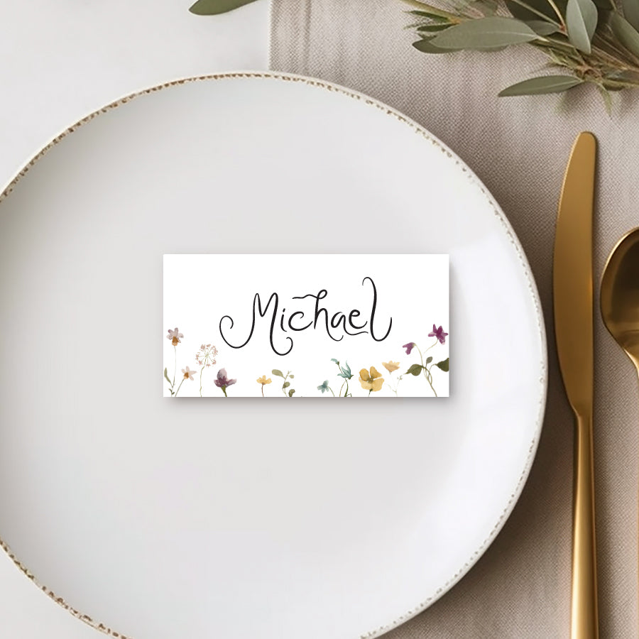 Small flat rectangle wedding place cards or name cards, watercolour wild flowers . Peach Perfect Australia.