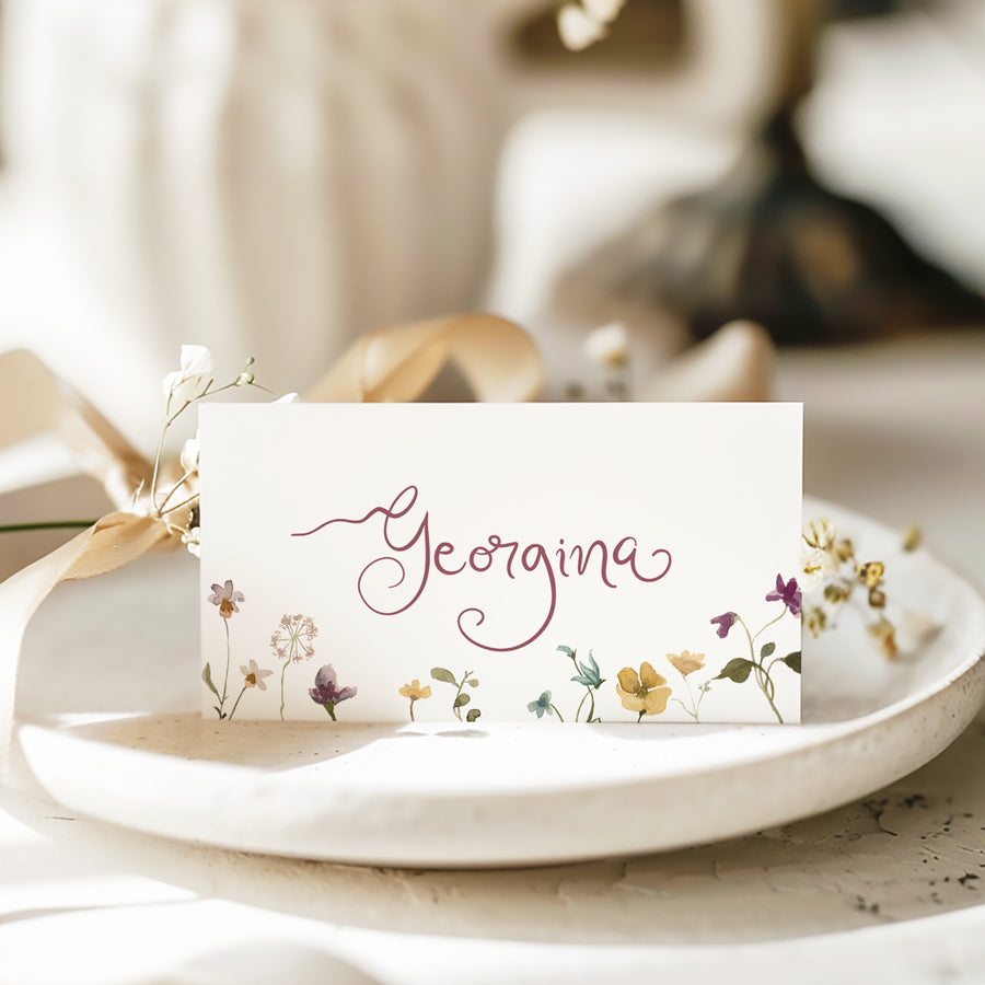 Folded wedding place cards or name cards, watercolour wild flowers . Peach Perfect Australia.