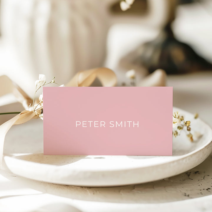 Folded wedding place card or name cards in pink and white. Peach Perfect Australia.