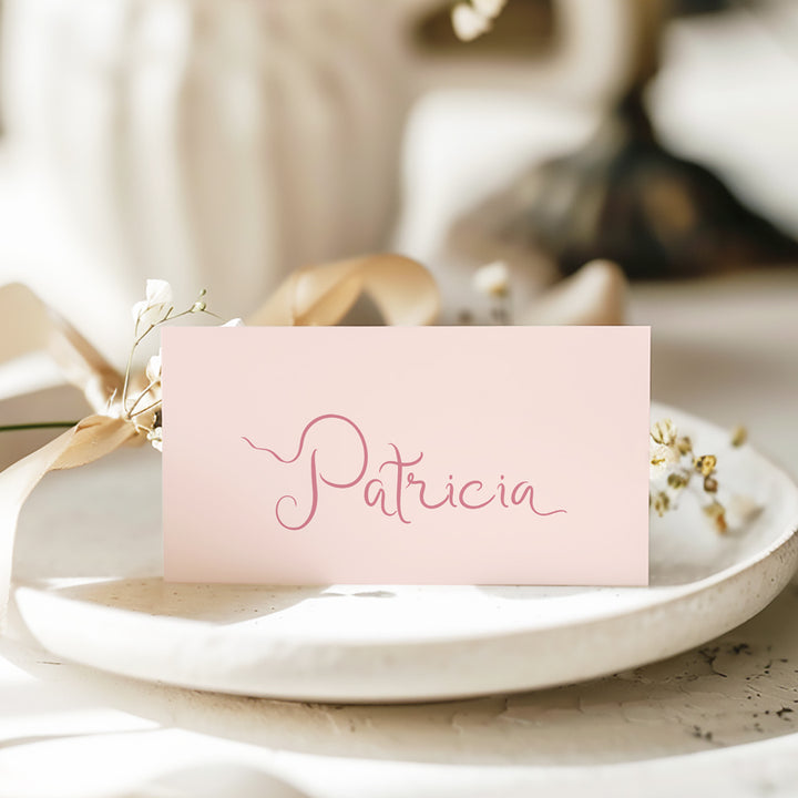 Folded wedding place card or name cards with hand written script font in baby blush pink. Peach Perfect Australia.