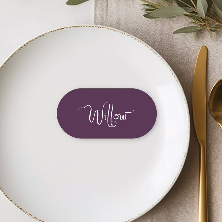 Double arch flat wedding place card or name cards with hand written script font in purple and white. Peach Perfect Australia.