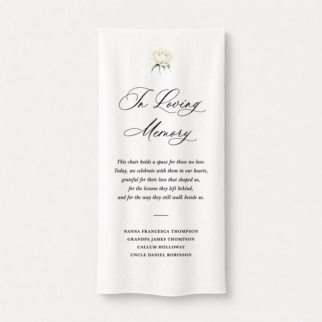 A white fabric memorial linen banner featuring elegant black script text reading &