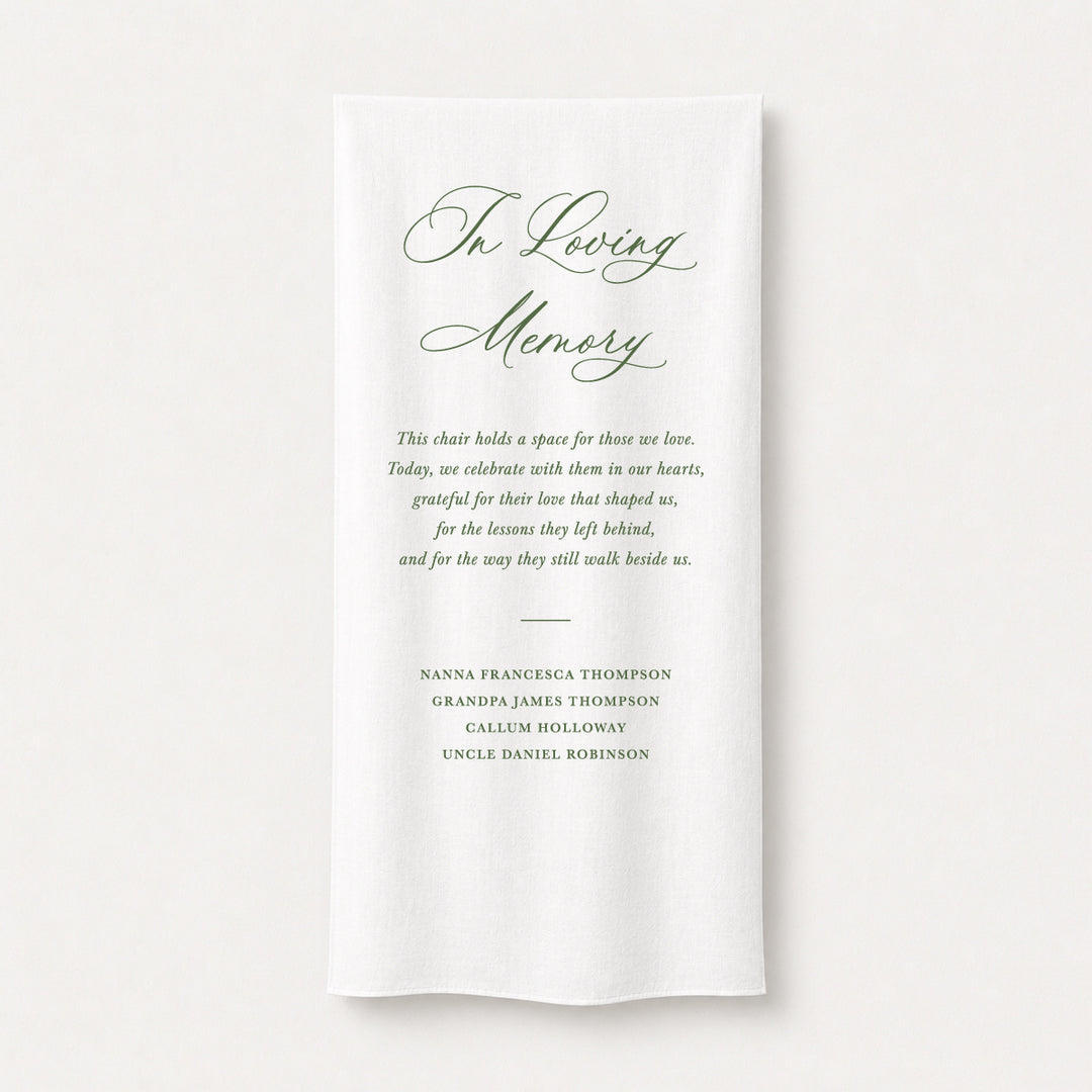 A white fabric wedding In Memory sign with calligraphy and poem for your loved ones, printed in Australia with green ink.