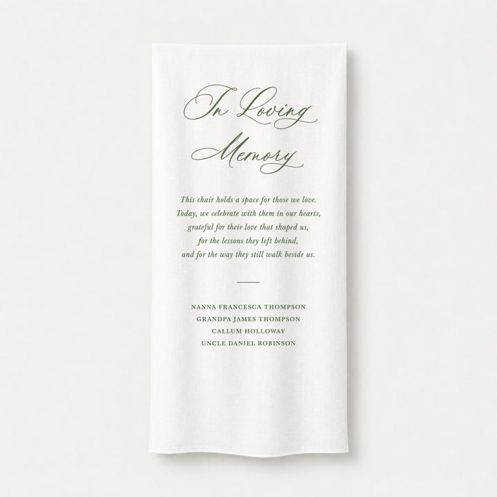 A white fabric wedding In Memory sign with calligraphy and poem for your loved ones, printed in Australia with green ink.
