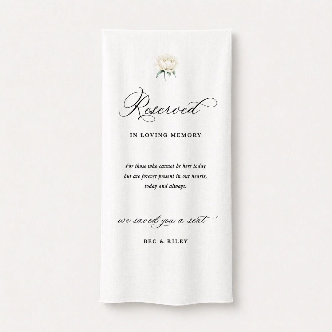 Beautiful white linen wedding memorial sign to honour family and friends that cannot attend. Direct print on premium fabric in Australia