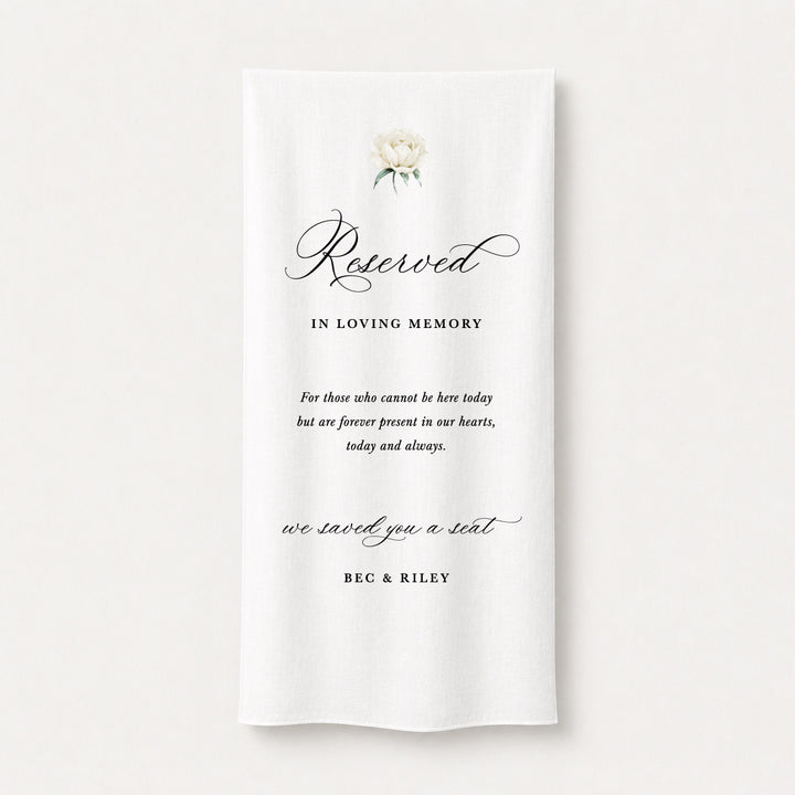 Beautiful white linen wedding memorial sign to honour family and friends that cannot attend. Direct print on premium fabric in Australia