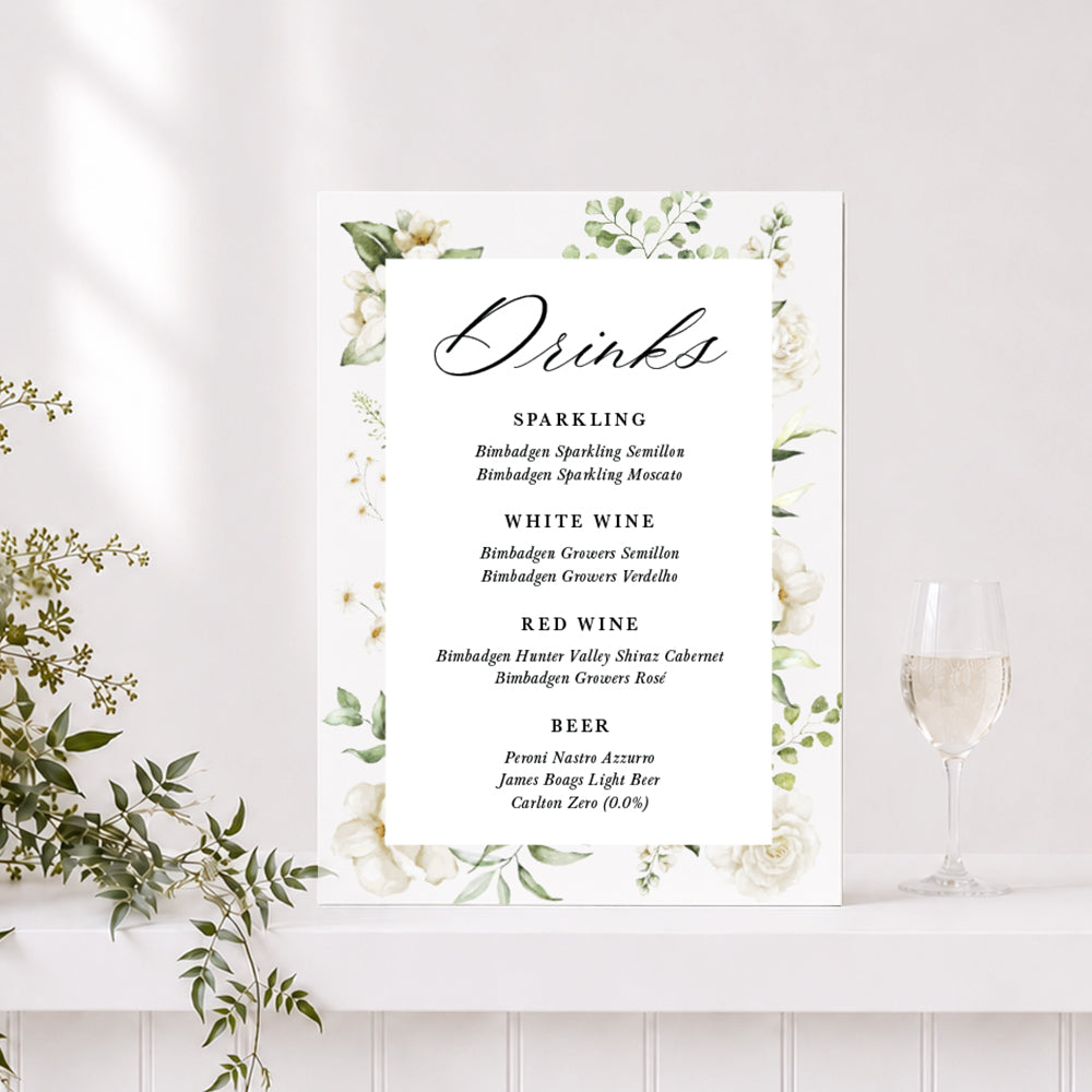 Wedding bar or drinks sign printed on acrylic or foamboard with a white floral border and greenery