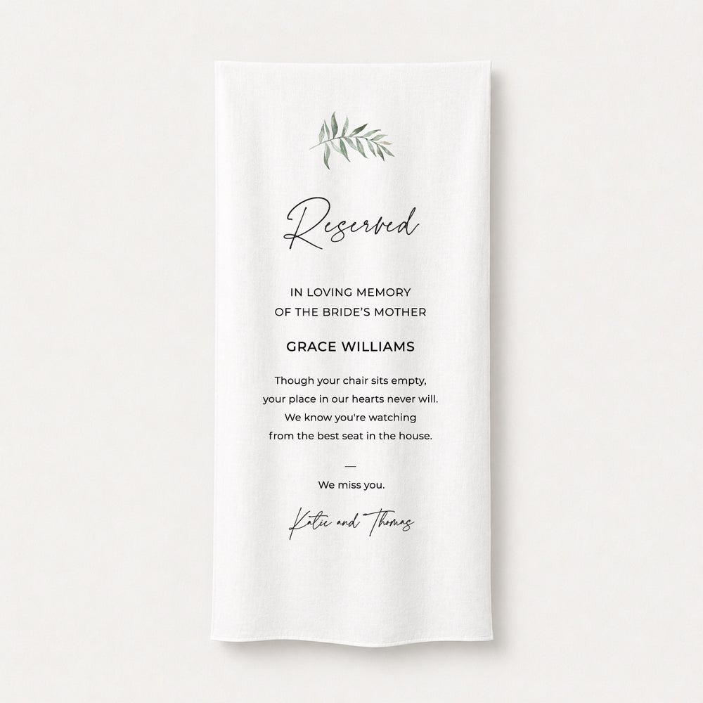 Reserved for loved ones wedding sign printed on white fabric or linen material Australia.