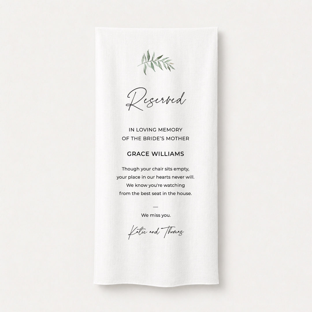 Reserved for loved ones wedding sign printed on white fabric or linen material Australia.