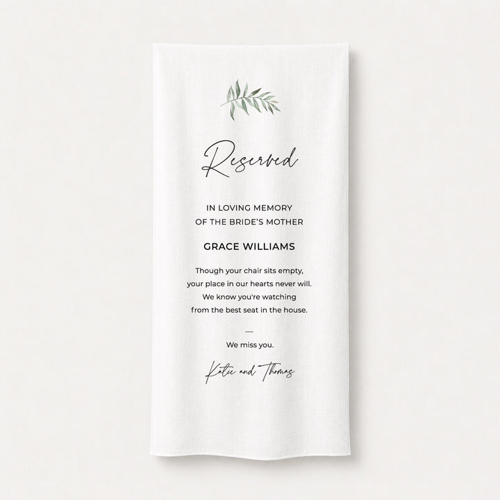 Reserved for loved ones wedding sign printed on white fabric or linen material Australia.