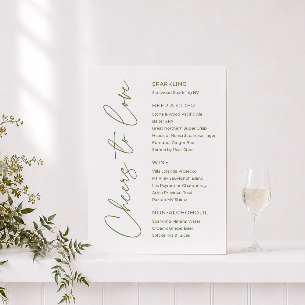 Wedding and event drinks sign with watercolour leaf designed for sitting at the bar. Self standing foamboard or acrylic.