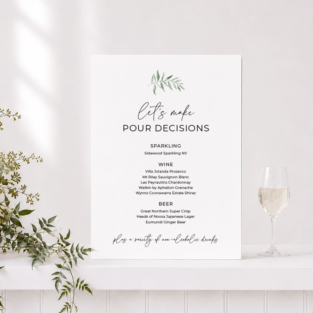 Nature inspired wedding drinks menu designed for sitting on the bar with "Lets make pour decisions" heading