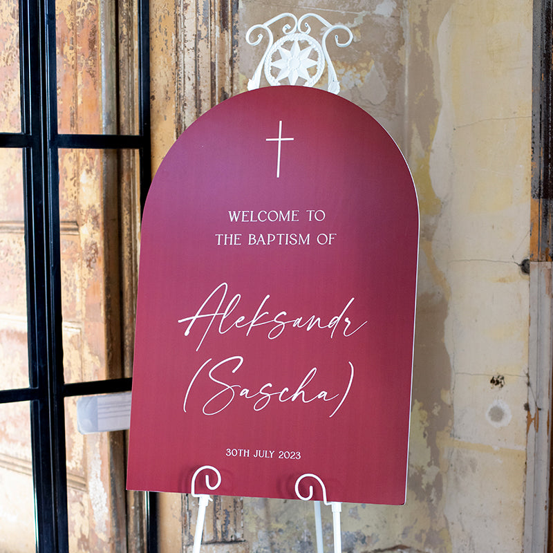 Baptism or Christening welcome sign with large cross and cut to arch shape 