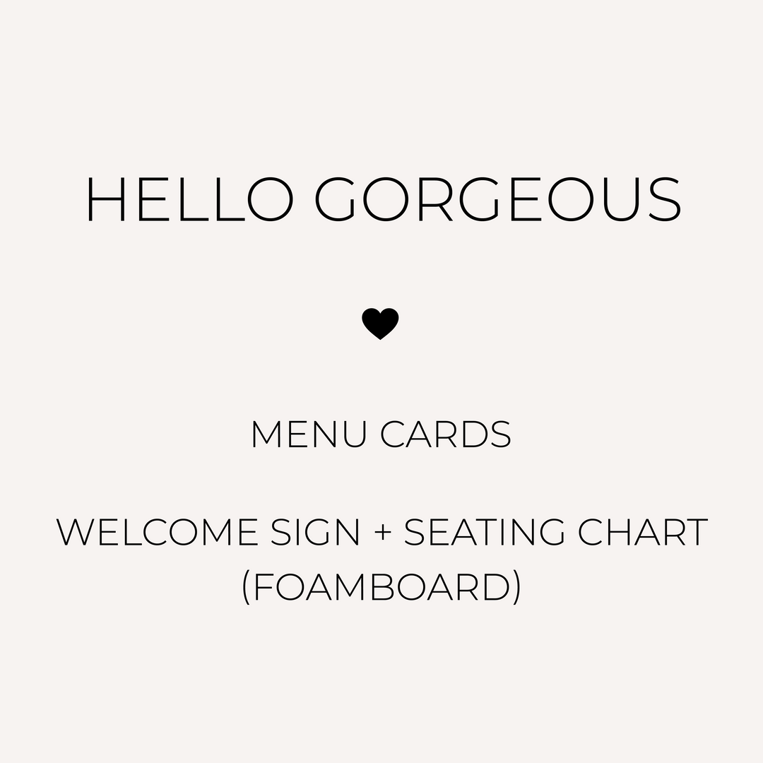 Wedding reception sign and menu discounted package, including seating chart and welcome sign and premium coloured card menus. Printed in Australia.