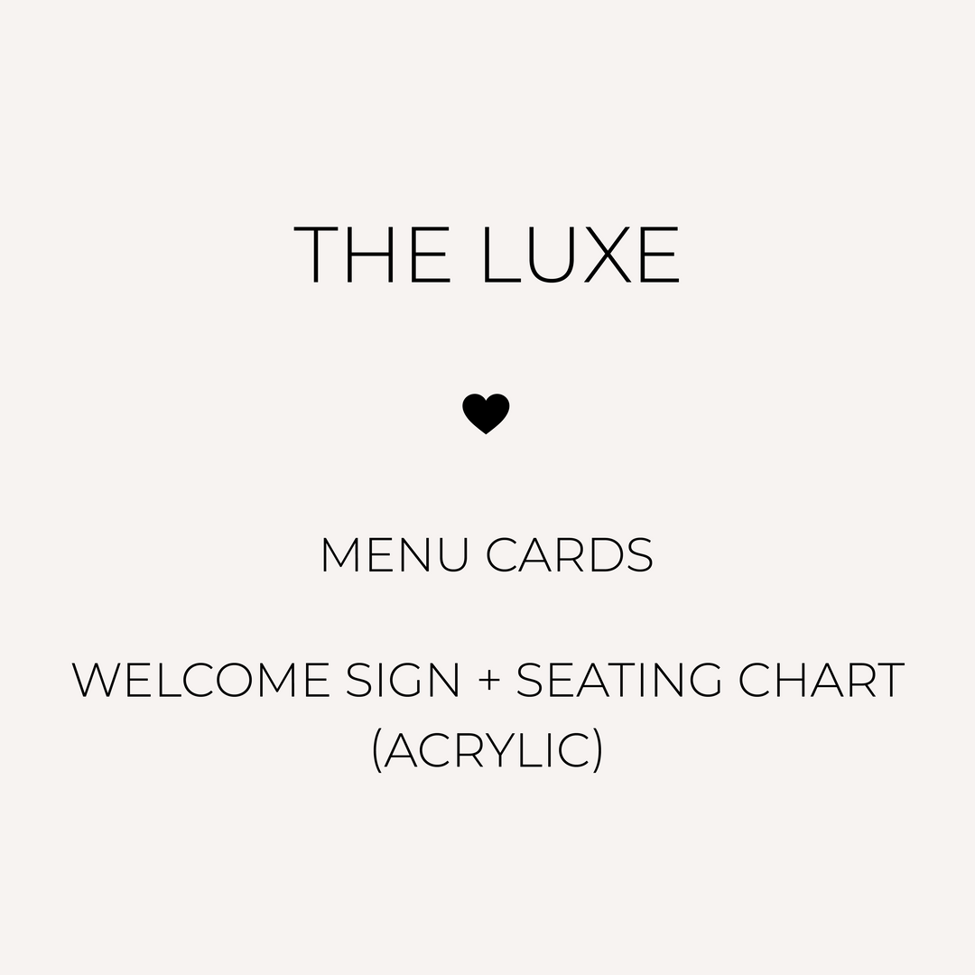 Wedding reception sign and menu discounted package, including seating chart and welcome sign on acrylic and premium coloured card menus. Printed in Australia.