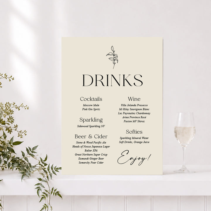 Wedding bar or drinks sign printed in Austrtalia on foamboard or acrylic in cream and black with organic hand drawn leaf element.