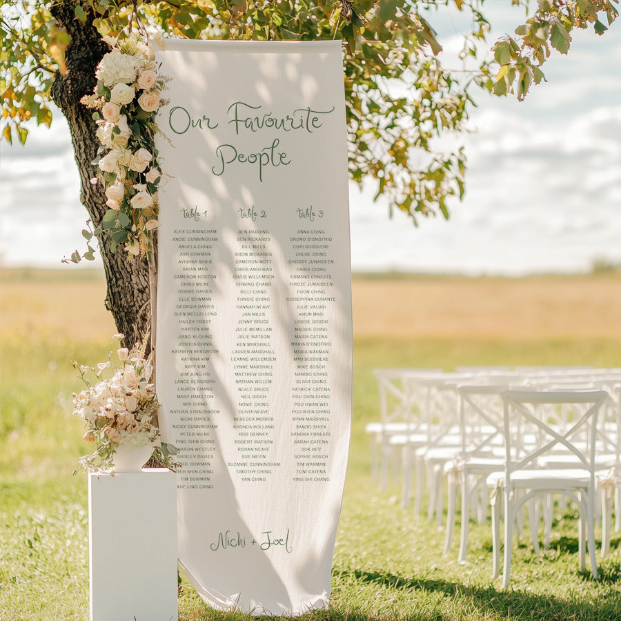 Beautiful wedding seating chart with 3 tables printed on linen fabric Australia