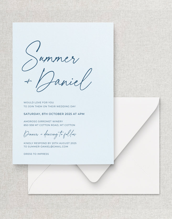 Modern baby blue or sky blue wedding invitation including premium white envelopes, designed and printed in Australia. 