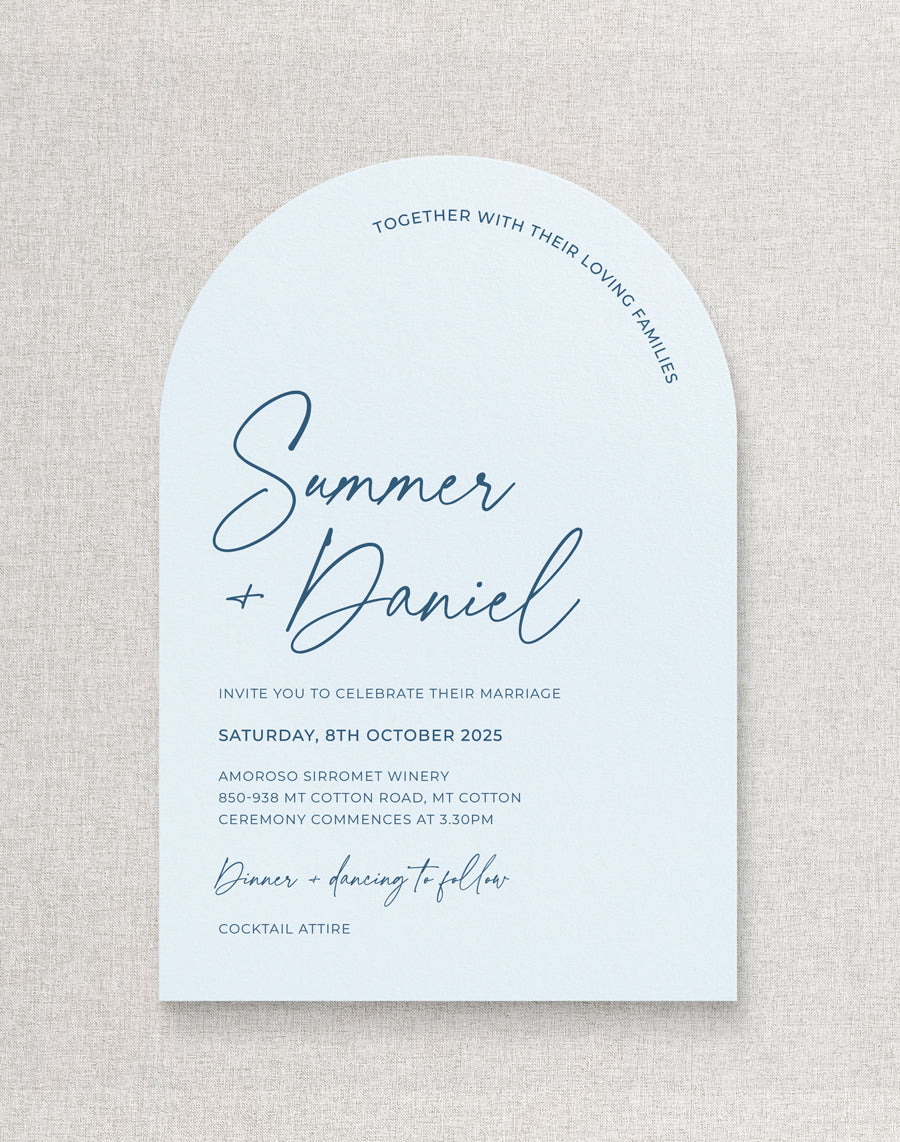 Modern baby blue or sky blue wedding invitation die cut to arch shape, designed and printed in Australia.