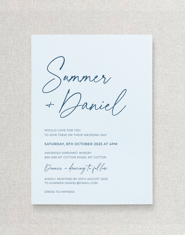 Modern baby blue or sky blue wedding invitation, designed and printed in Australia. Peach Perfect