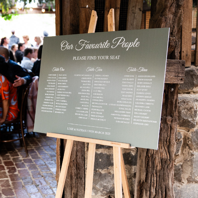 Timeless olive green and white wedding seating chart in banquet layout