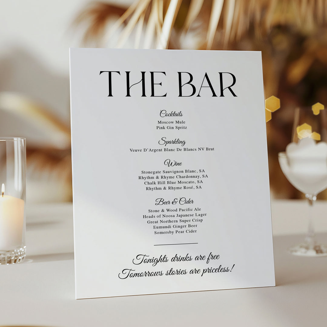 Modern black and white acrylic wedding bar sign with signature cocktails in minimalist design, Australia.