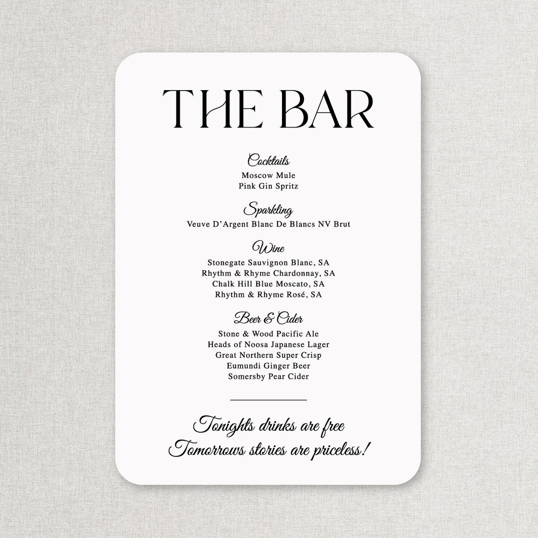 Modern acrylic rounded corners wedding bar sign with signature cocktails in minimalist design, Australia.