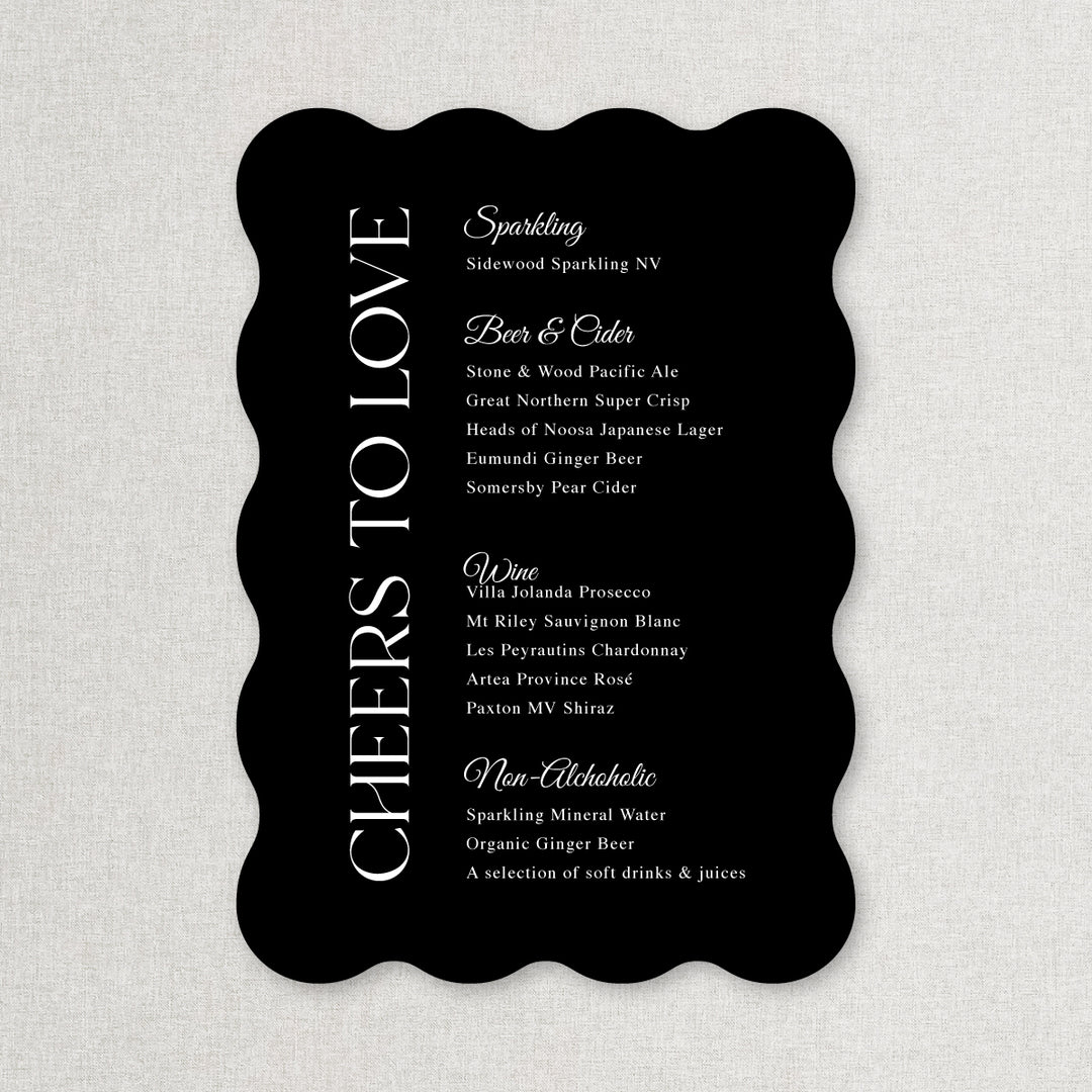 Timeless wedding wavy bar sign acrylic modern black and white drinks menu Cheers to Love heading Australia