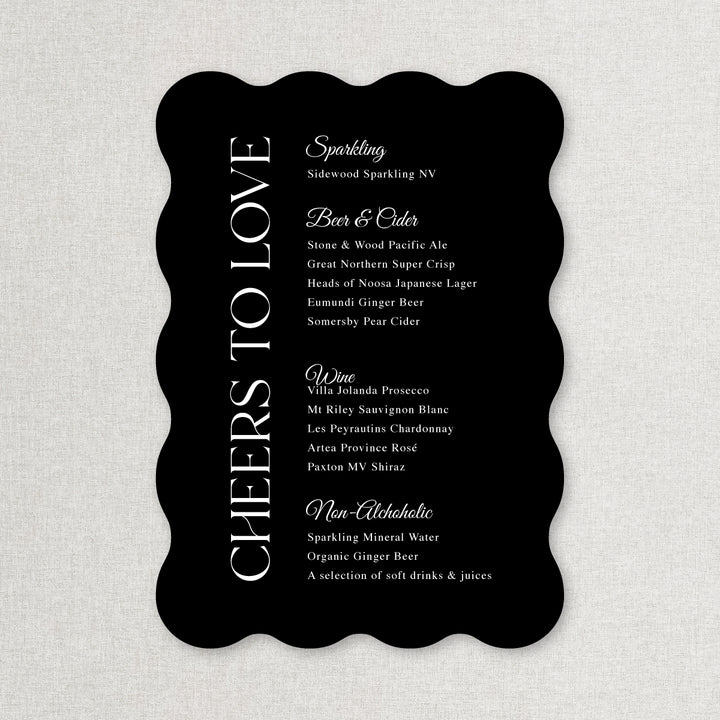 Timeless wedding wavy bar sign acrylic modern black and white drinks menu Cheers to Love heading Australia