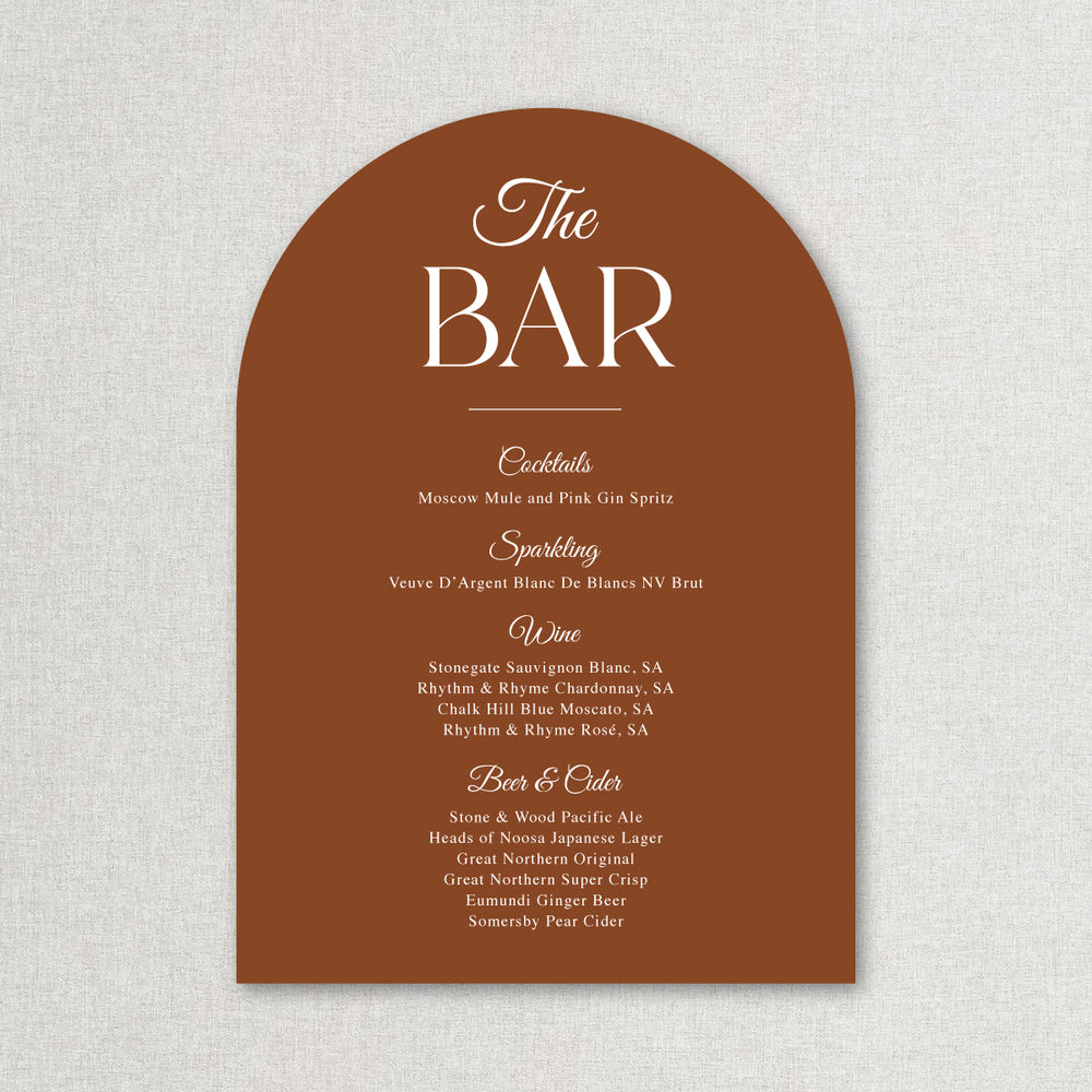 The Bar wedding arch shape drinks sign in neutral colours and printed in Australia on foamboard or acrylic self standing.