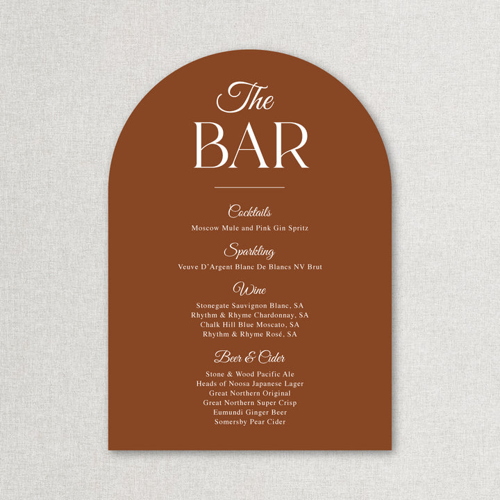 The Bar wedding arch shape drinks sign in neutral colours and printed in Australia on foamboard or acrylic self standing.
