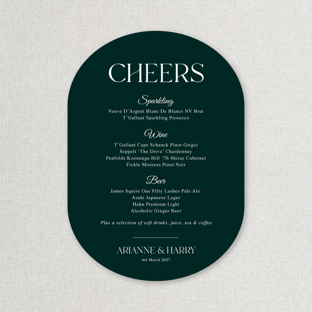 Modern and minimal arch shape wedding bar sign with bride and grooms name in emerald green, Australia.