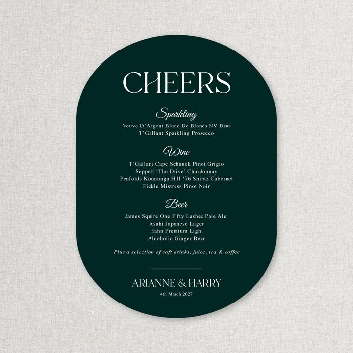 Modern and minimal arch shape wedding bar sign with bride and grooms name in emerald green, Australia.