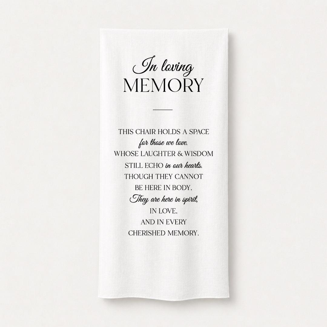 Timeless wedding memorial sign printed on linen fabric draping on a ceremony chair. In loving memory.