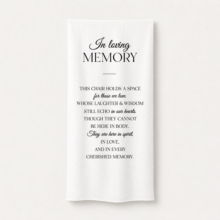 Timeless wedding memorial sign printed on linen fabric draping on a ceremony chair. In loving memory.