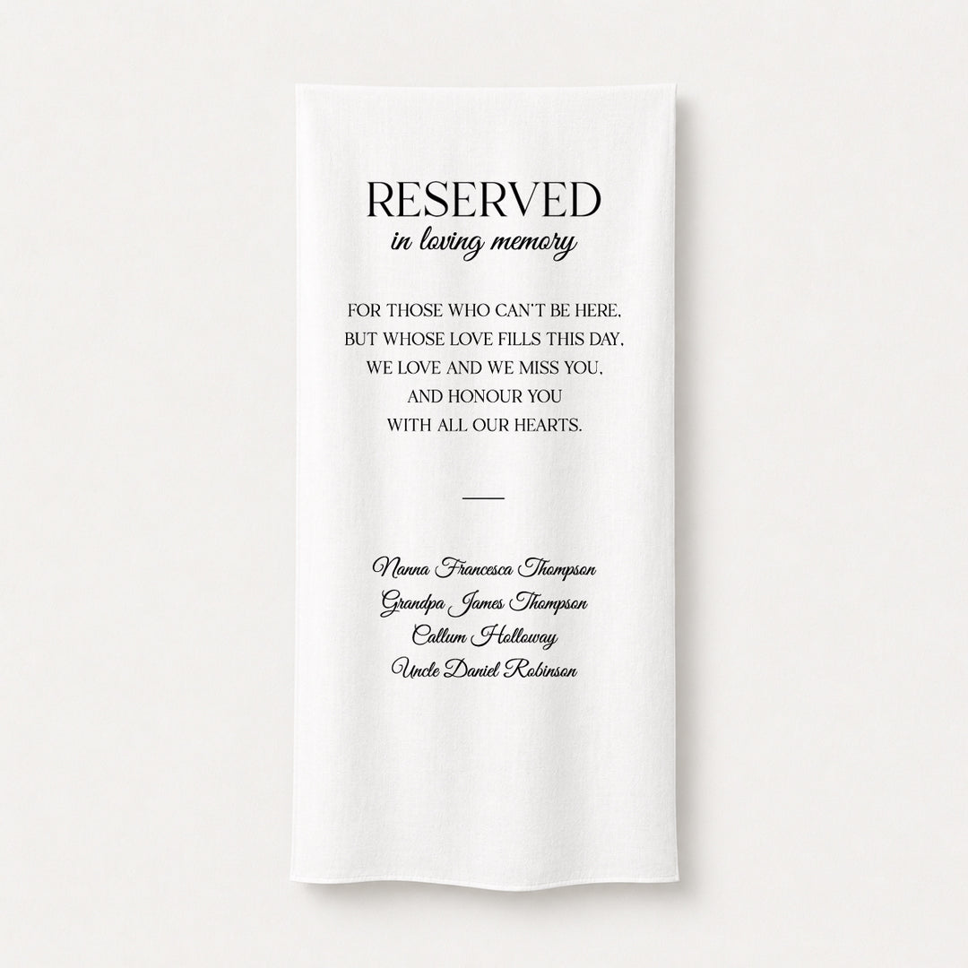 Wedding memorial signs Australia Reserved in loving memory on white linen fabric
