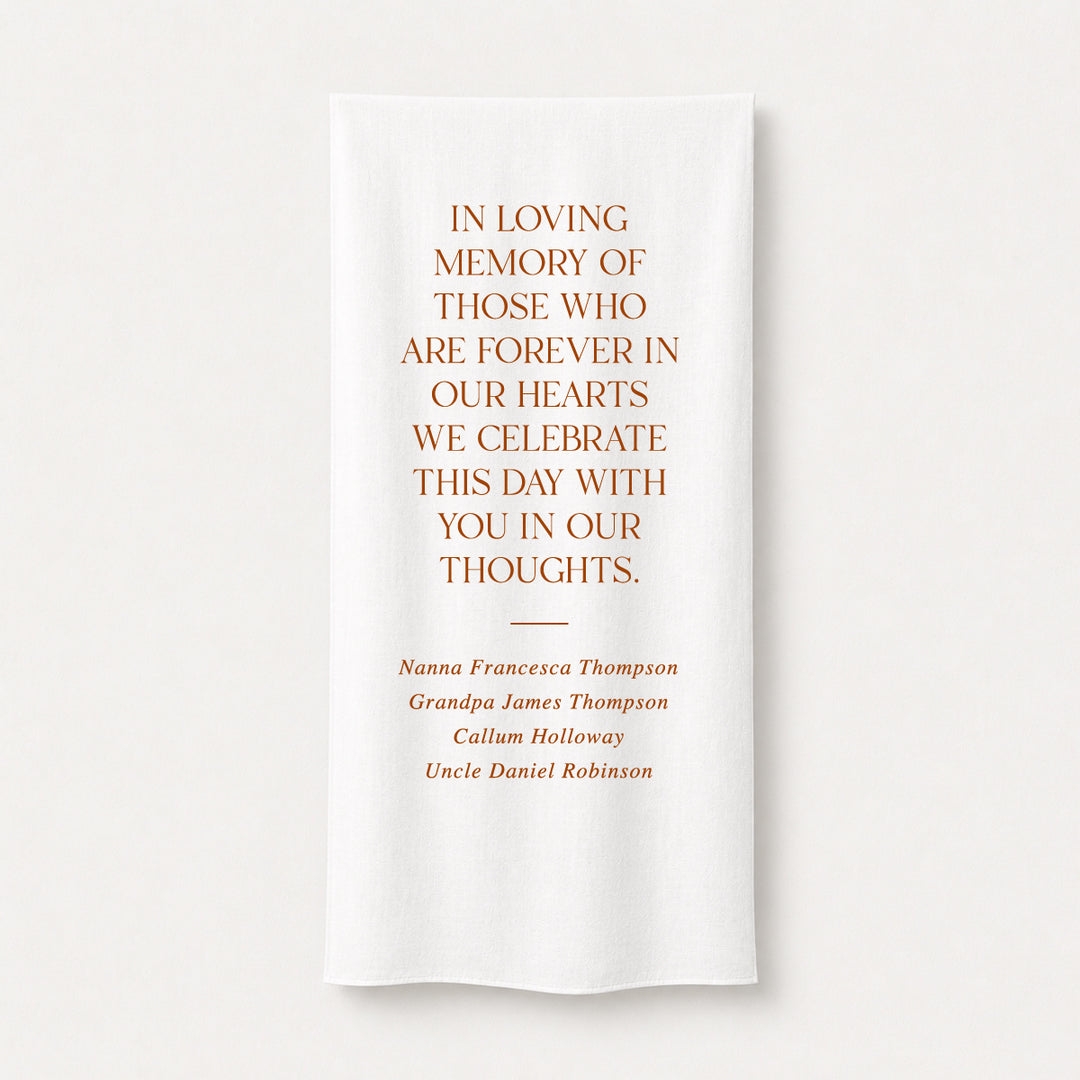 Modern wedding fabric printed memorial sign in burnt orange and white