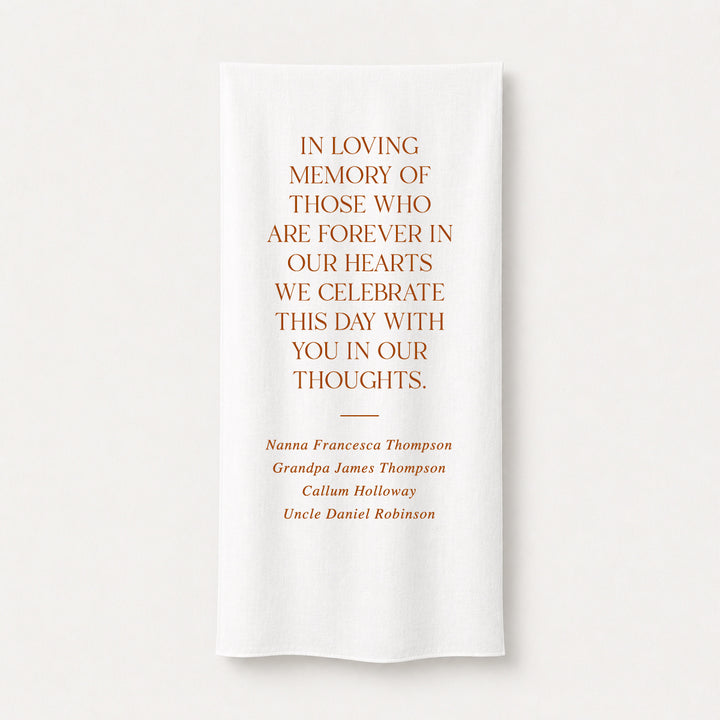 Modern wedding fabric printed memorial sign in burnt orange and white