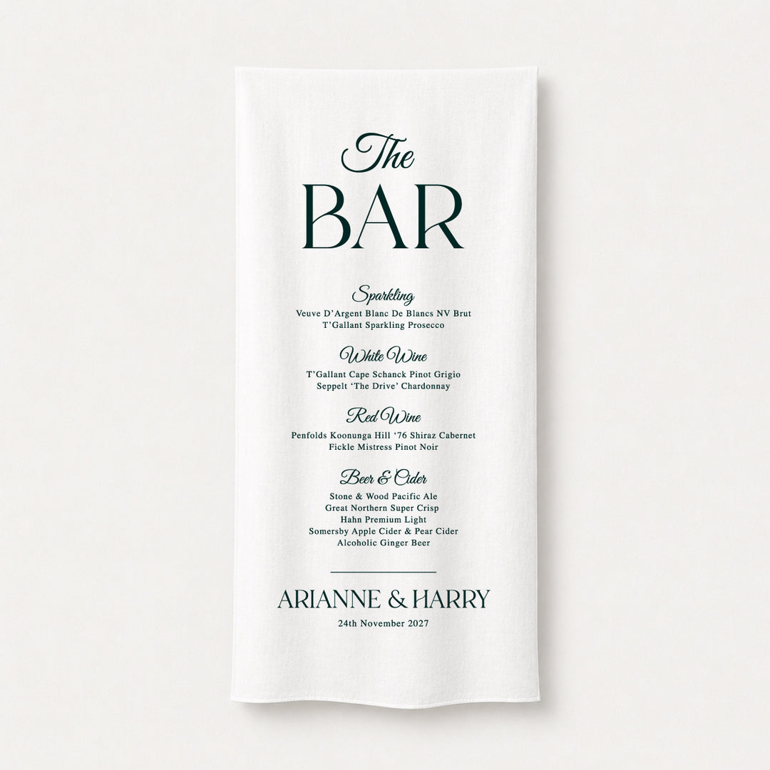 Fabric wedding bar sign printed on linen or satin material displaying a classic drinks menu with elegant serif typography. Designed and printed in Australia.