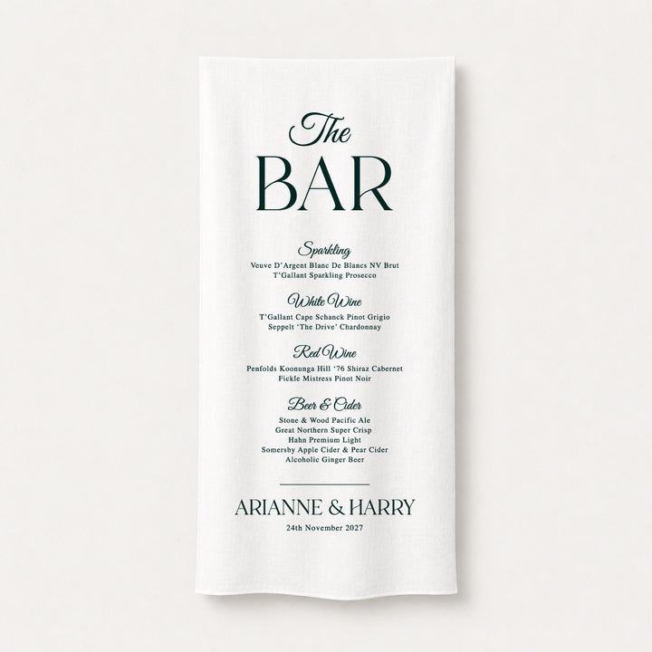Fabric wedding bar sign printed on linen or satin material displaying a classic drinks menu with elegant serif typography. Designed and printed in Australia.