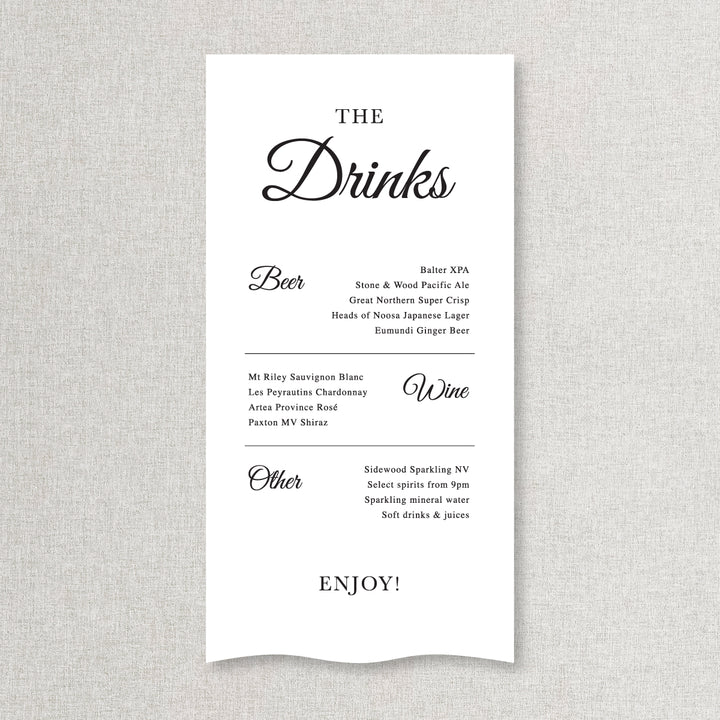 Drinks wedding bar and beverages sign printed on fabric material in Australia
